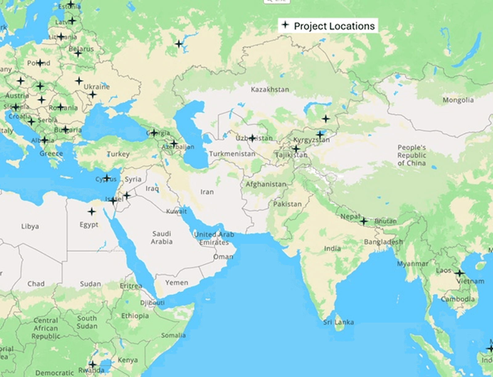 Map of KNO Worldwide project locations across Europe, Middle East, and Central Asia